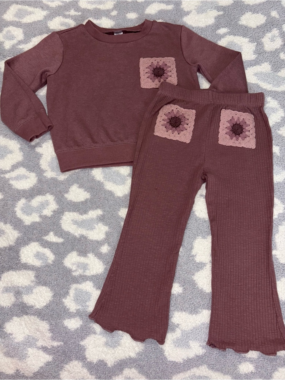 Modern Moments Mauve Two-Piece Knit Set with Crochet Patch Accents Toddler 3T